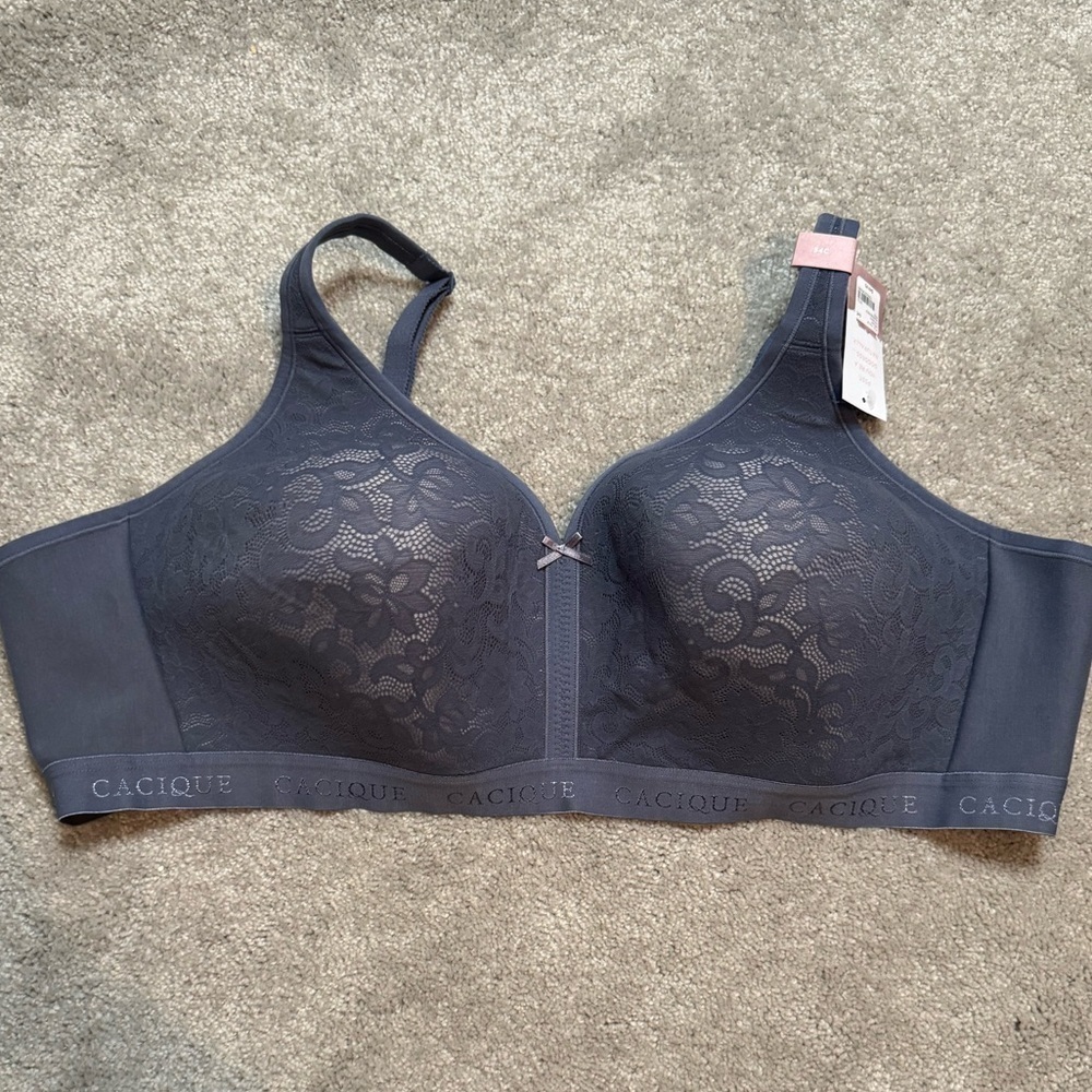 NWT Cacique Lane Bryant Bra Gray Modern Lace Lightly Lined No Wire Bra 54C